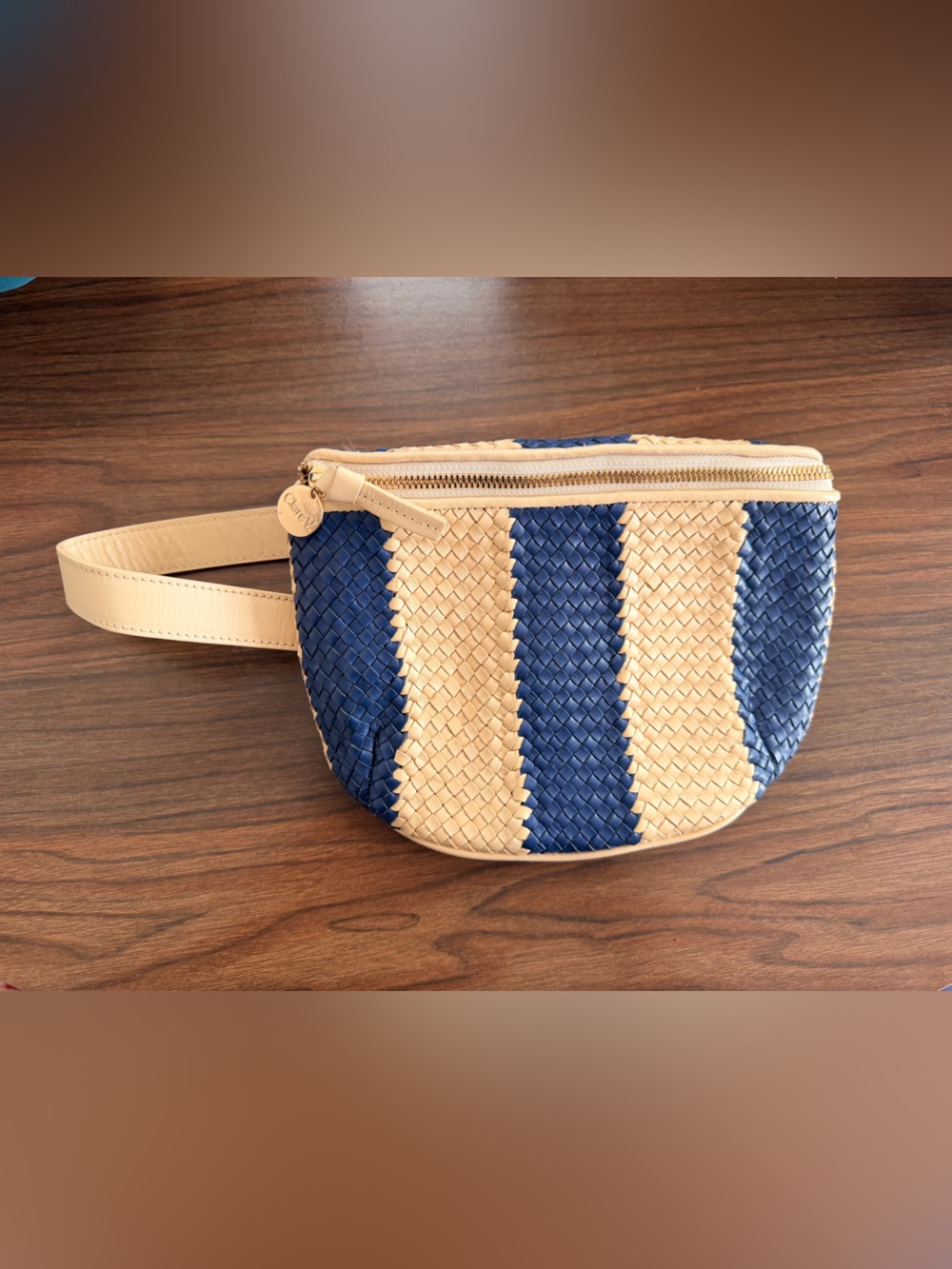 Clare V Fanny- woven blue and white stripes belt bag EUC